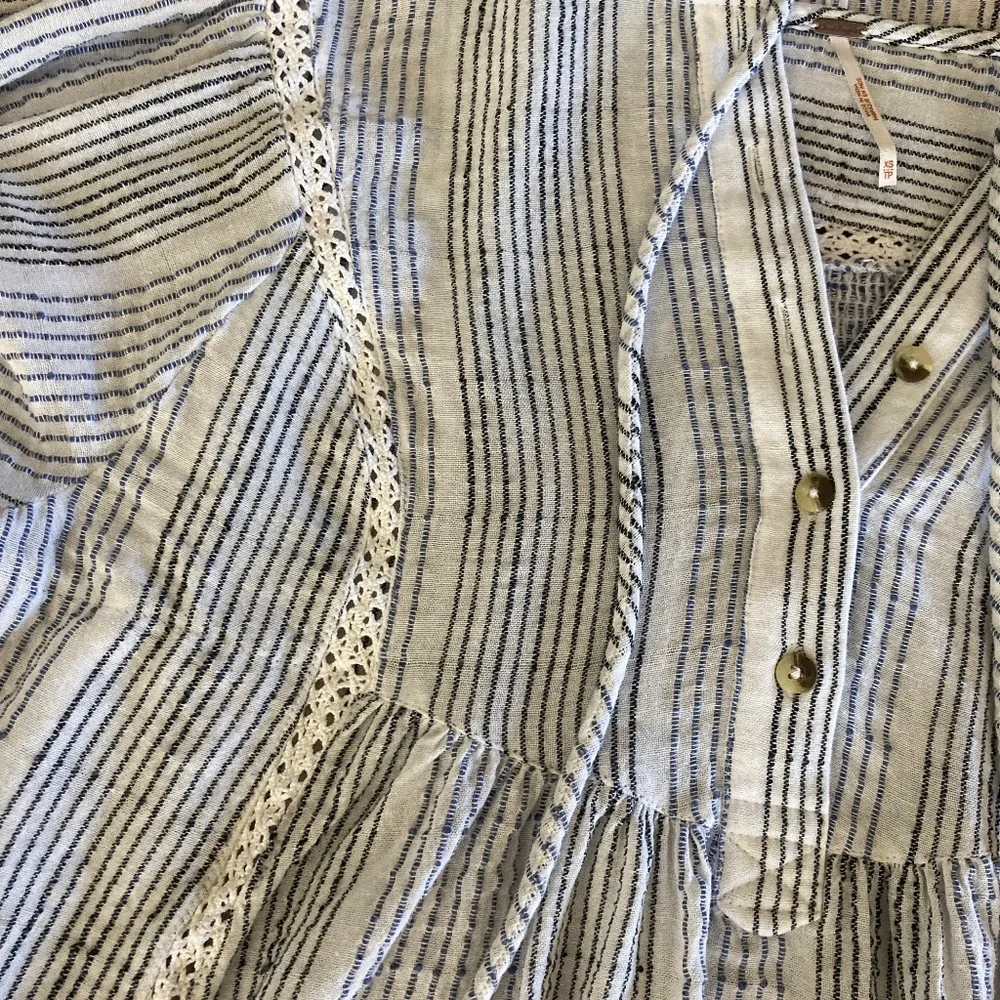 Free People Hooded Puff Sleeve Swing Shirt White, Black, Blue Stripes Size XS